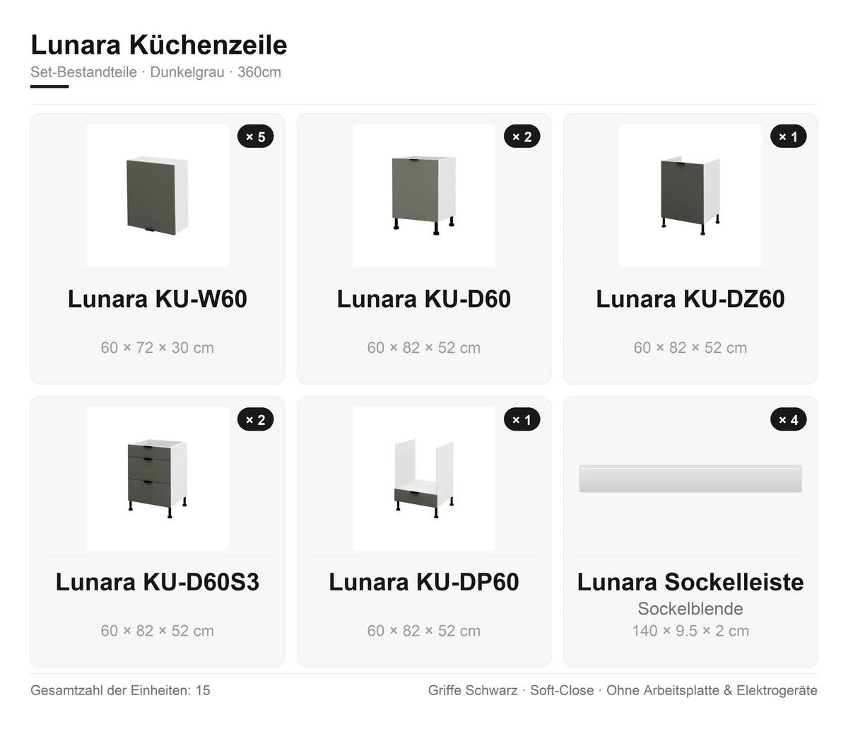 KÜCHENZEILE – 360 cm – KU-SA04 – Lunara – Dunkelgrau – ohne E-Geräte - Dunkelgrau/Schwarz, Holzwerkstoff/Metall (360/214/52cm) - hi-markt