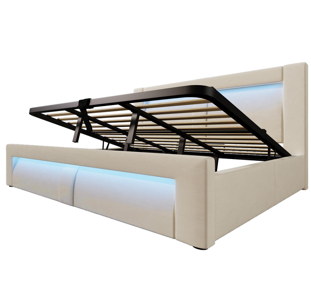 ČALÚNENÁ posteľ 180/200 cm béžová zamatová s úložným priestorom LED osvetlením a USB nabíjaním - béžová, textil (180/200cm) - OKWISH