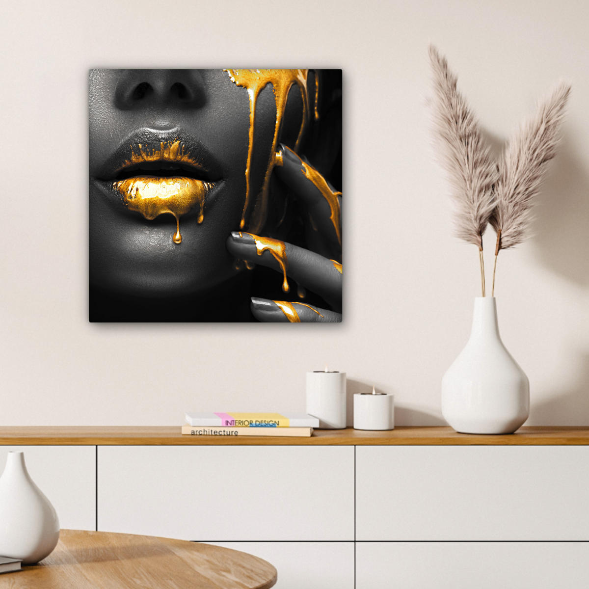 LEINWANDBILD Frau - Schwarz - Gold - Gesicht - Lippen 50x50 cm - Goldfarben, Textil (50/50cm) - MuchoWow