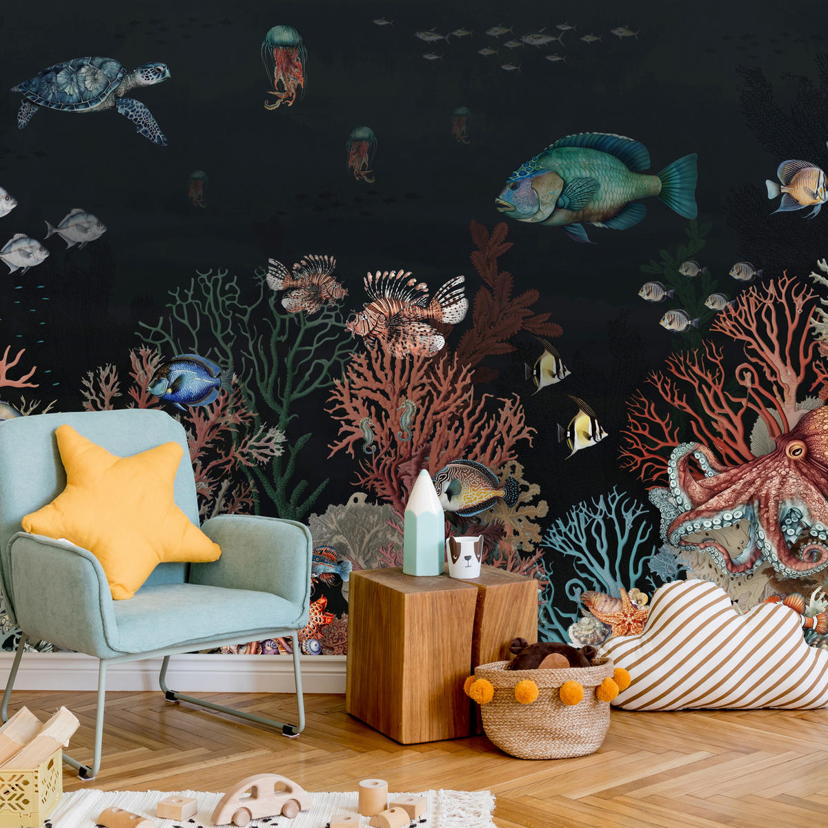 FOTOTAPETE für Badezimmer Bunter Unterwasser Pflanzen Riff Fische 150x105 - Rot/Schwarz, Papier (150/105cm) - Muralo