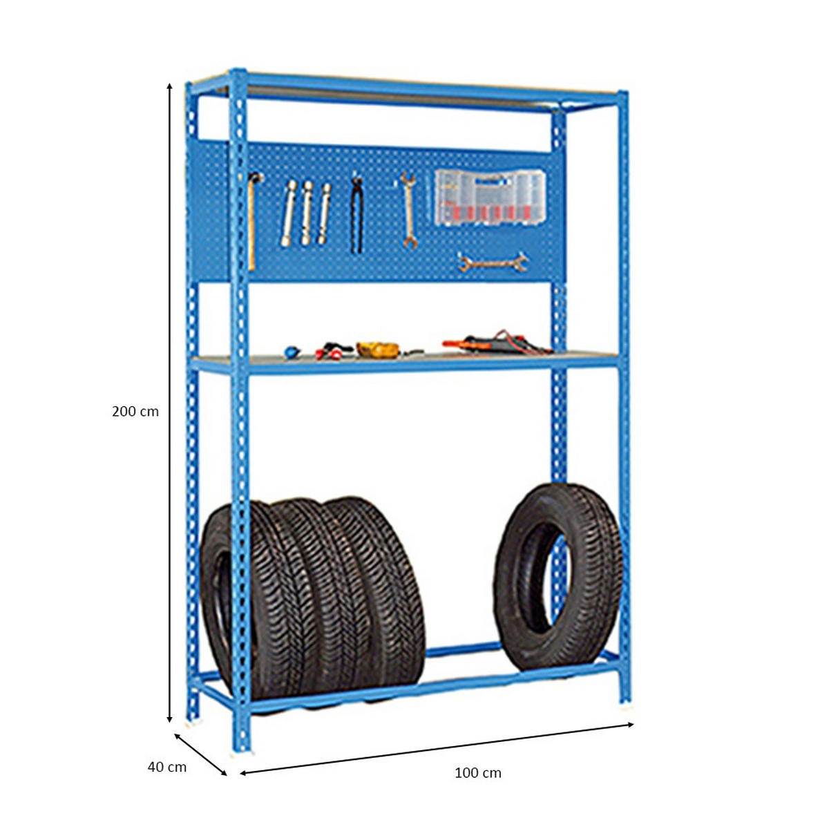 REIFENREGAL mit Arbeitsfläche Metal Shark NO.4 HxBxT 200 x 100 x 40 cm 6 Reifen Blau - Blau, Metall (100/200/40cm) - PROREGAL