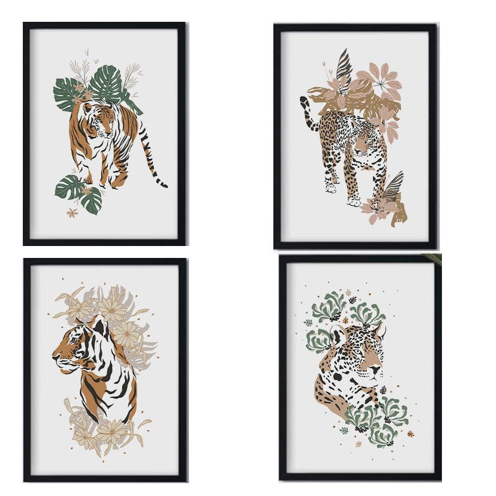 POSTER Set mit 4 tiere Tiger Leopard Tiere, Blumen und Pflanzen des Dschungels A4 Rahmenlos - Klar, Papier (29.7/3cm) - Nacnic