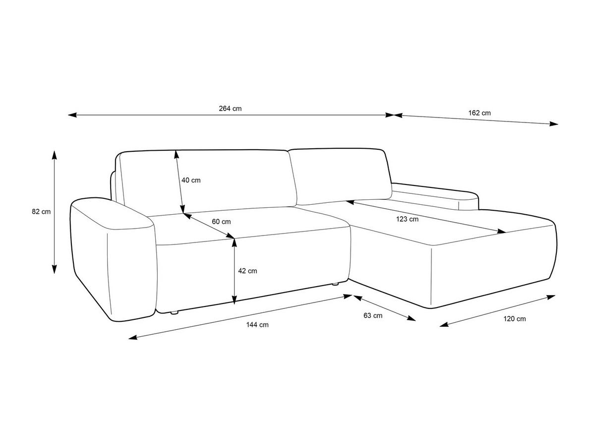 ECKSOFA BOULI 4-Sitzer Polstersofa Raven mit Schlaffunktion 130x210cm Bettzeugablage 264x162x82cm linksseitig Farbe: grau - Silberfarben, Holz/Textil (162/264cm) - DomoHome