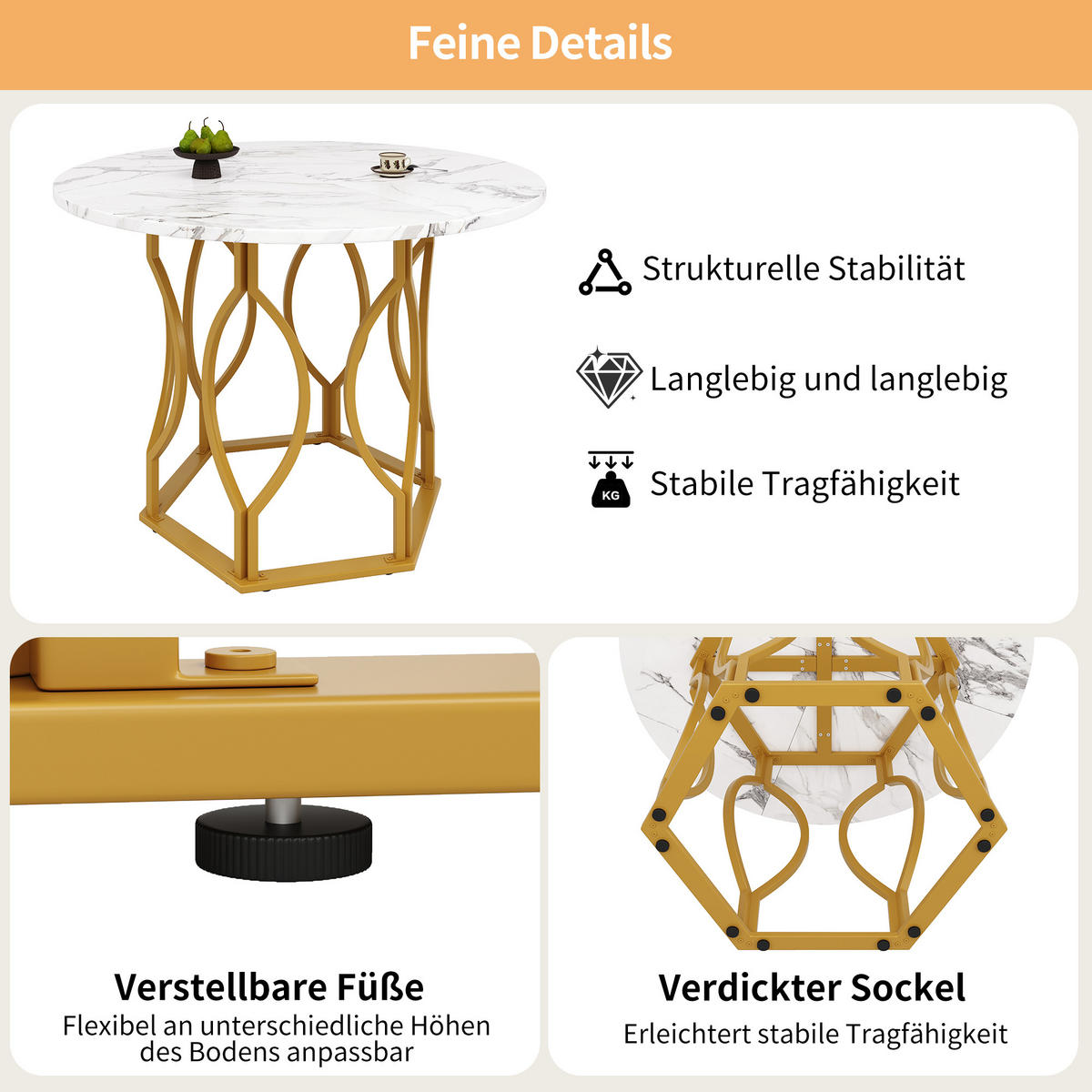 ESSTISCH 100/100/76 cm goldfarben weiß mit verstellbaren Fußgleitern aus MDF und Metall - Goldfarben, Holzwerkstoff (100/100/76cm) - OKWISH