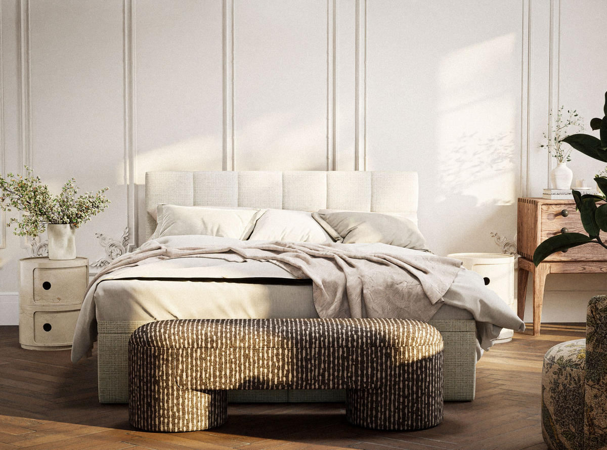 BOXBETT 140/200 cm Gotu S, in Beige, Matratze, gepolstertes Kopfteil, Bettkasten, H3 = fest - Beige/Schwarz, Holz/Holzwerkstoff (140/200cm) - Maison de Reve