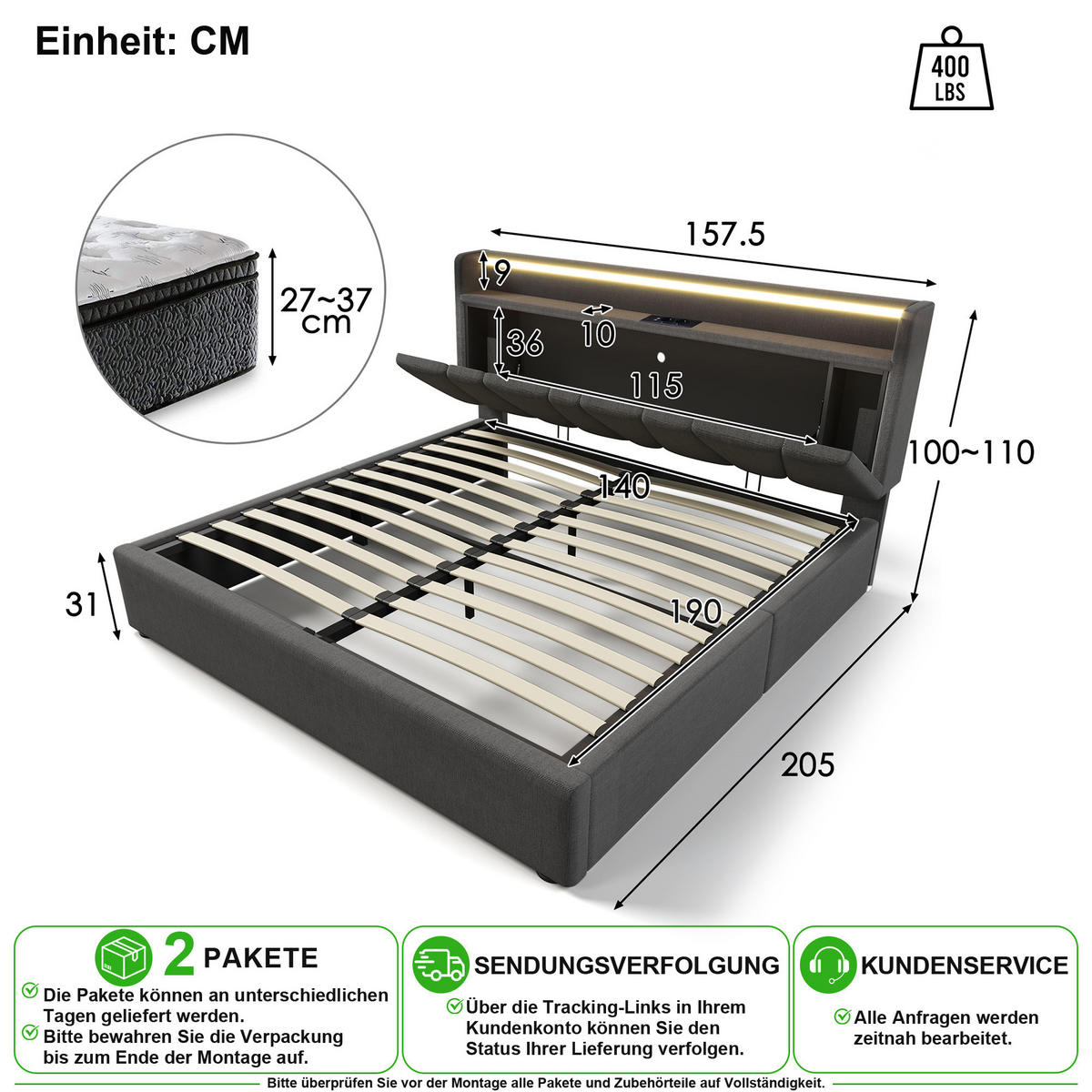 POLSTERBETT 140/190 cm in Grau Leinen mit Stauraum, LED, USB und Type-C - Grau, Holzwerkstoff/Textil (140/190cm) - CHICFURN