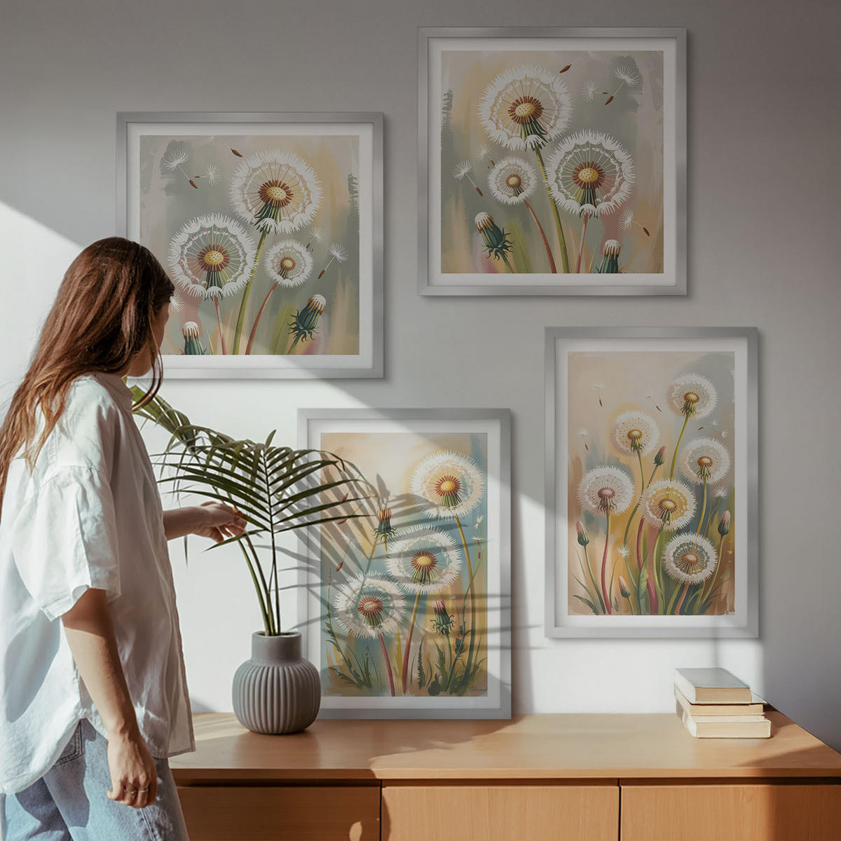 BILDER SET 4er Set - 50x50 cm & 40x60 cm Silberner Rahmen - Löwenzahnblüten, pastellfarbene Gräser - Silberfarben, Kunststoff (50/50cm) - TULUP