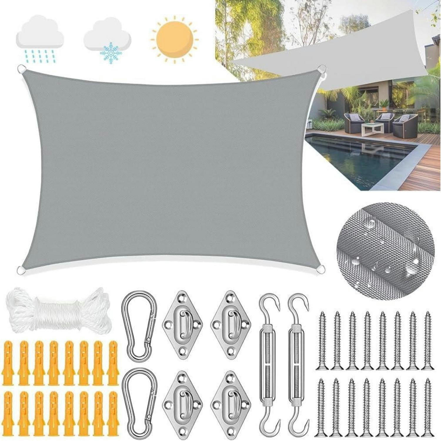 SONNENSEGEL 3 x 4 m Rechteckig Wasserdicht mit Befestigungsset Grau - Grau, Textil (10/10cm)