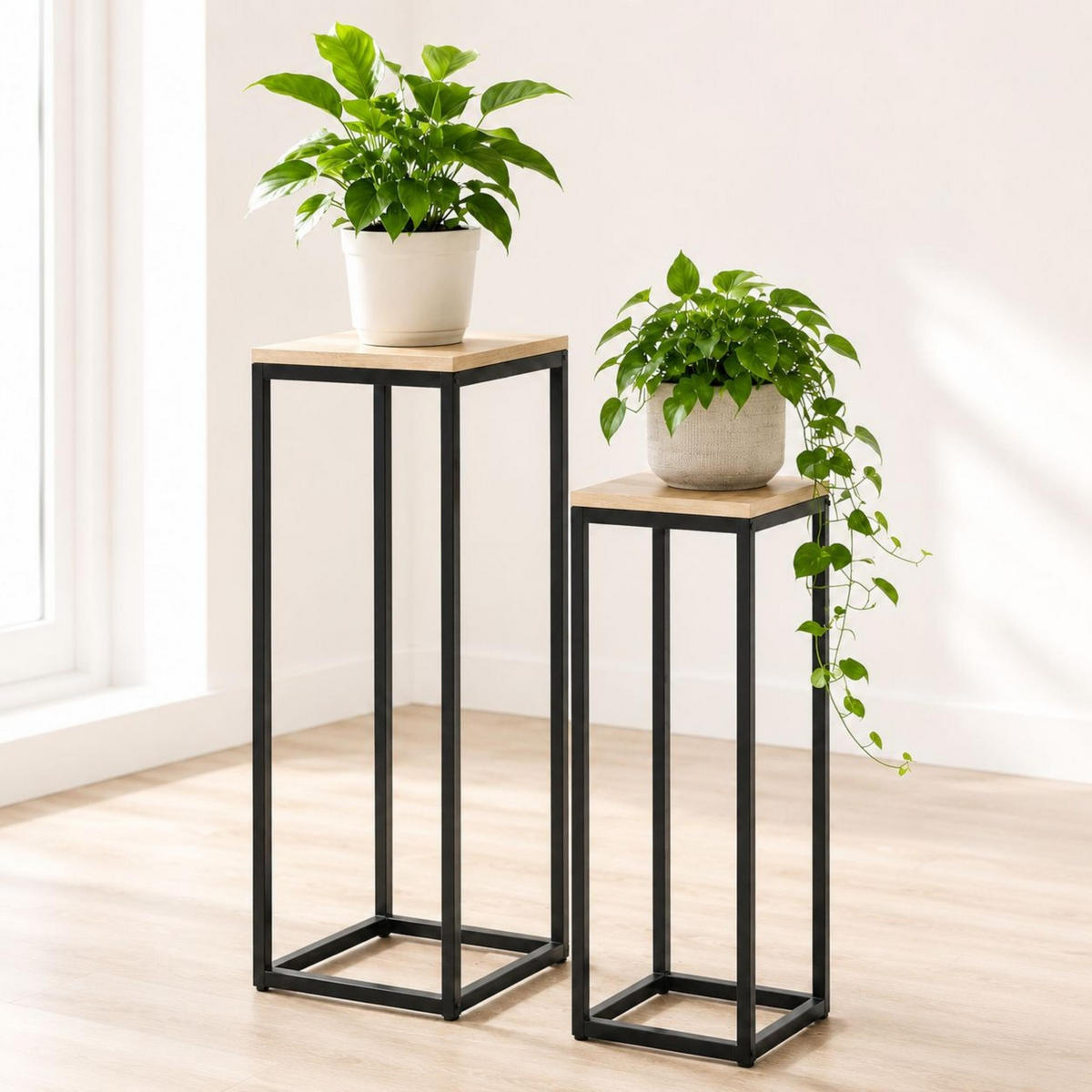 BLUMENSTÄNDER Metall Schwarz Eckig 2er Set 60 cm und 70 cm Pflanzenständer 96705 Blumenhocker - Schwarz, Metall (30/30/70cm)