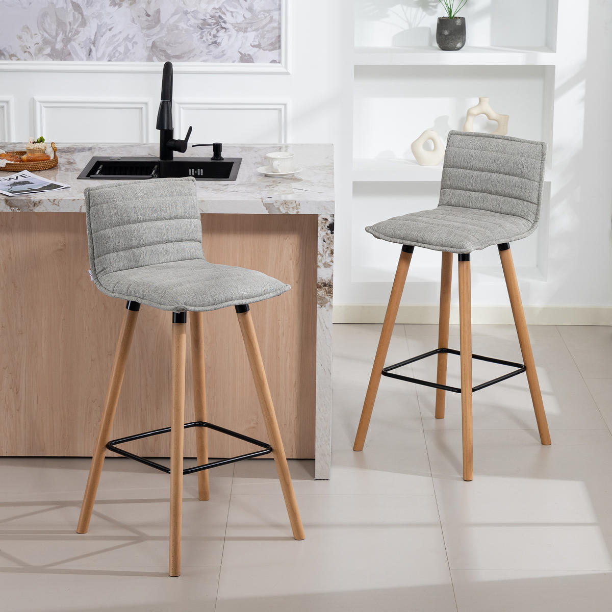 BARHOCKER 2er-Set DE-14800 gepolstert mit Rückenlehne & Fußstütze Grau - Grau, Holzwerkstoff (48/99.5/48cm) - ComfortXL