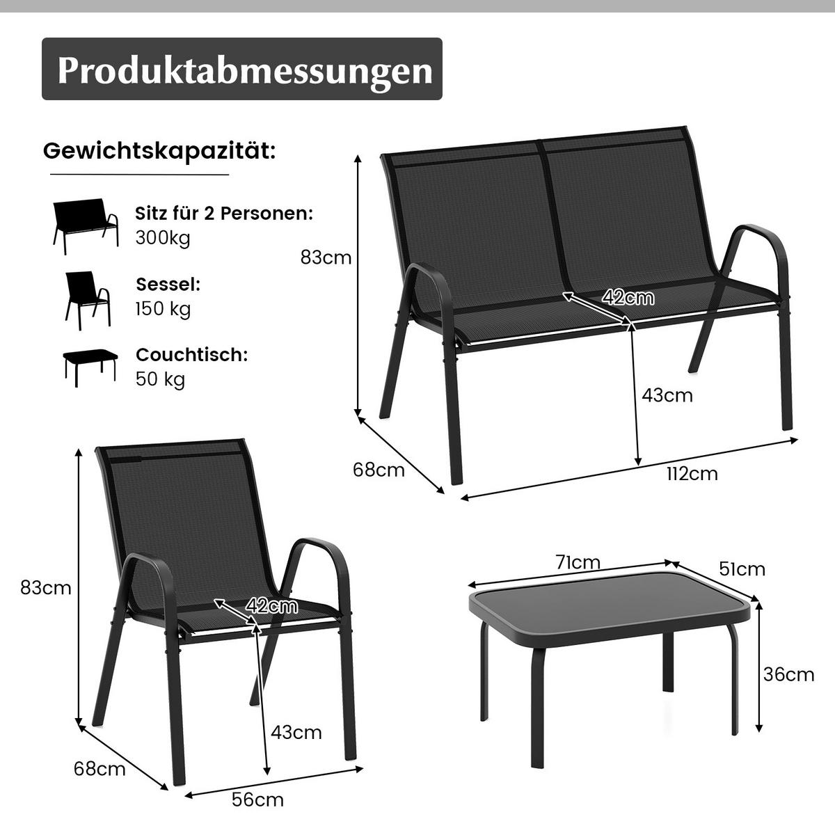 GARTENMÖBEL Set Schwarz(4-teilig) - Schwarz, Metall - COSTWAY