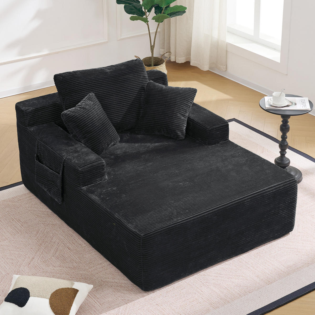 SOFAELEMENT 150/110/70 cm Schwarz Cord mit 2 Staufächer - Schwarz, Textil (70/150/110cm) - Oxeza
