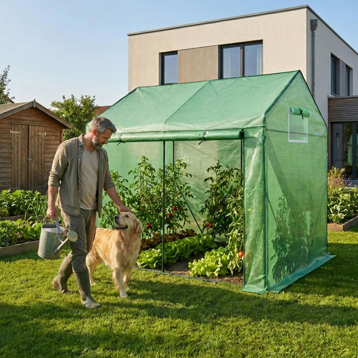 GEWÄCHSHAUS in Hausform, Grün, 200x140x200 cm - Grün, Metall (200/200/140cm) - Akord