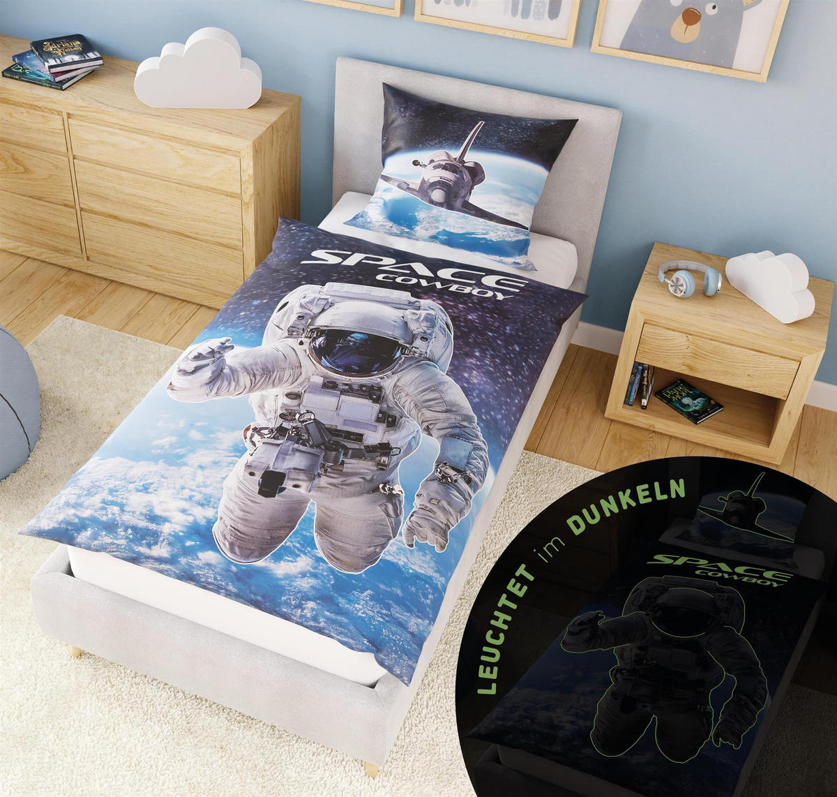 KINDERBETTWÄSCHE 135x200 cm Astronaut Weltall aus 100% Baumwolle - Leuchtet um Dunkeln - Blau, Textil (135/200cm) - Carpe Sonno