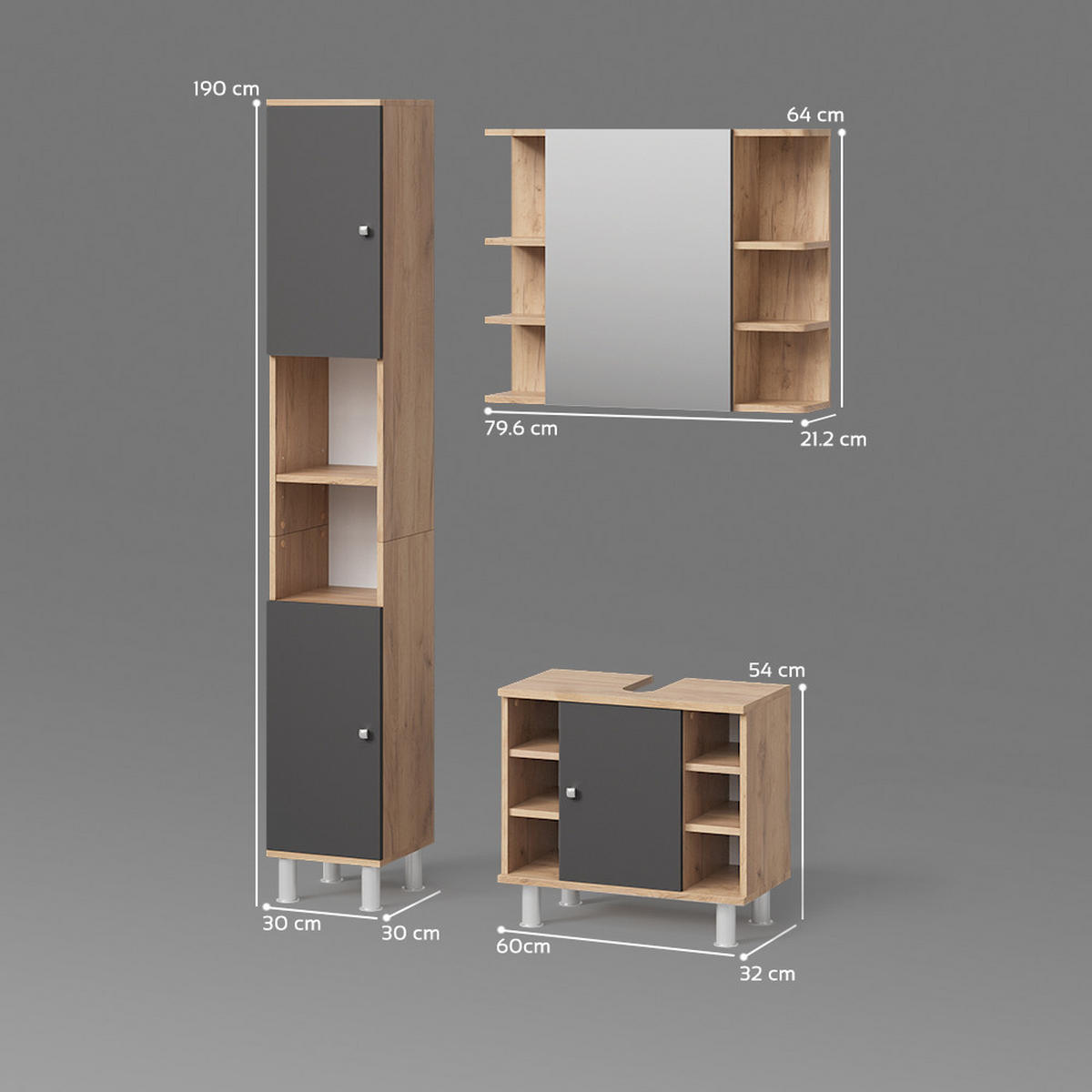 BADMÖBEL-SET Fucino Eiche 3 Teile, mit Hochschrank - Eichefarben/Anthrazit, Holzwerkstoff (79/64/21cm) - Livinity®