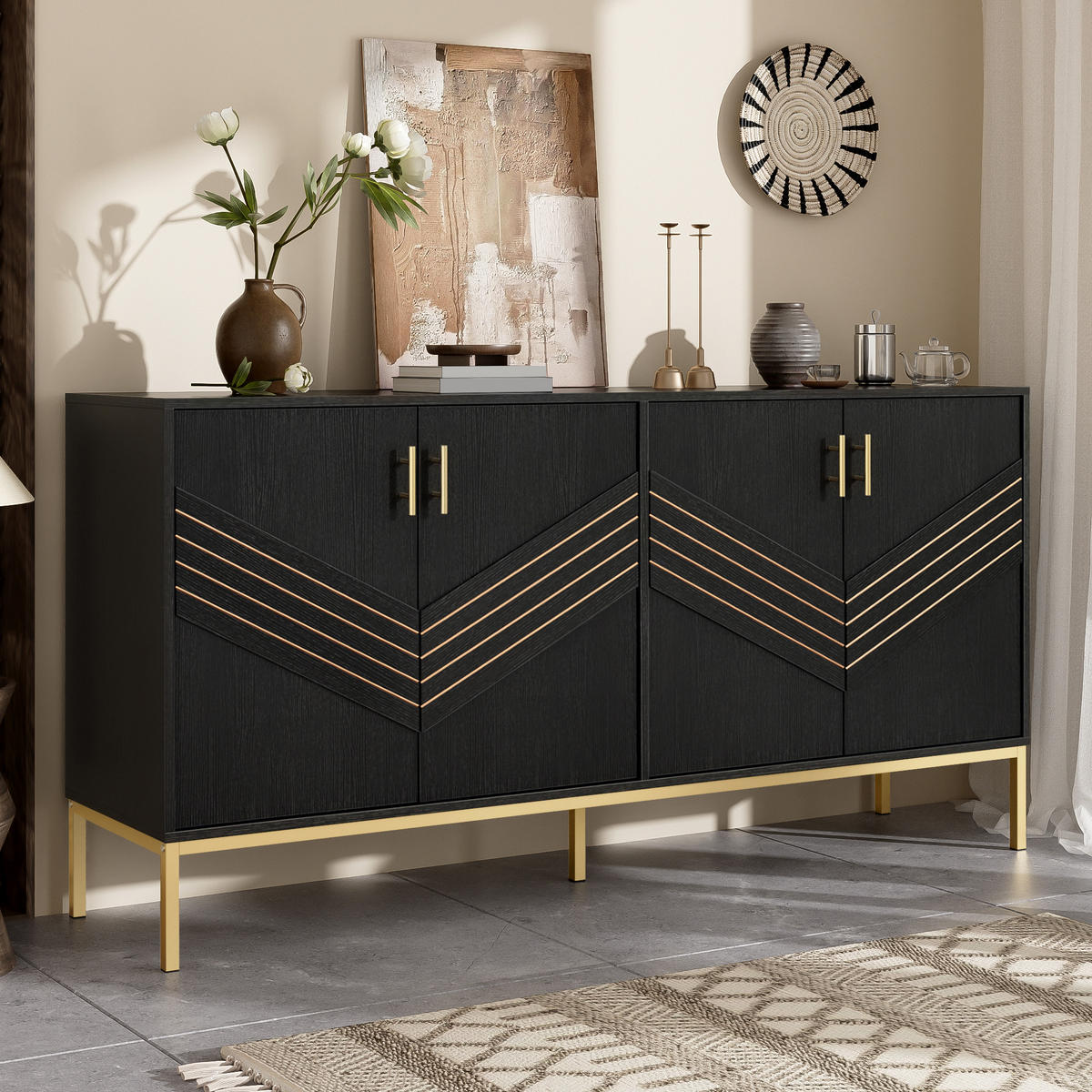 SIDEBOARD mit 4 Türen und höhenverstellbaren Einlegeböden, schwarzes MDF mit goldenen Metallakzenten, 160/40/80,5 cm, Schwarz + Holzmaserung - Schwarz, Holzwerkstoff (160/80.5/40cm) - Redom