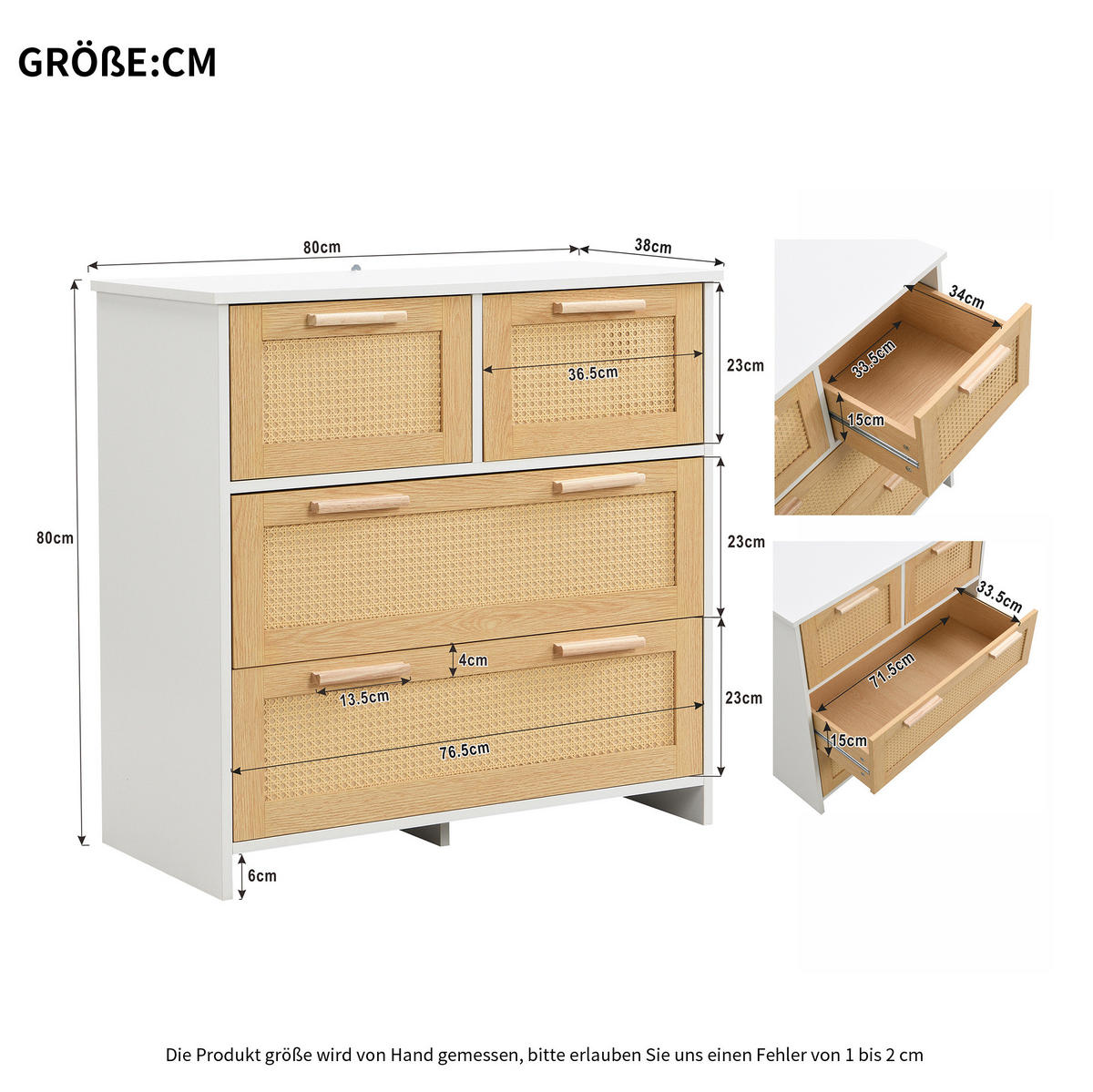 KOMMODE 80/38/80 cm in Natur/Weiß mit 4 Schubladen und Rattanfronten - Weiß, Holzwerkstoff (80/38/80cm) - Flora Grace