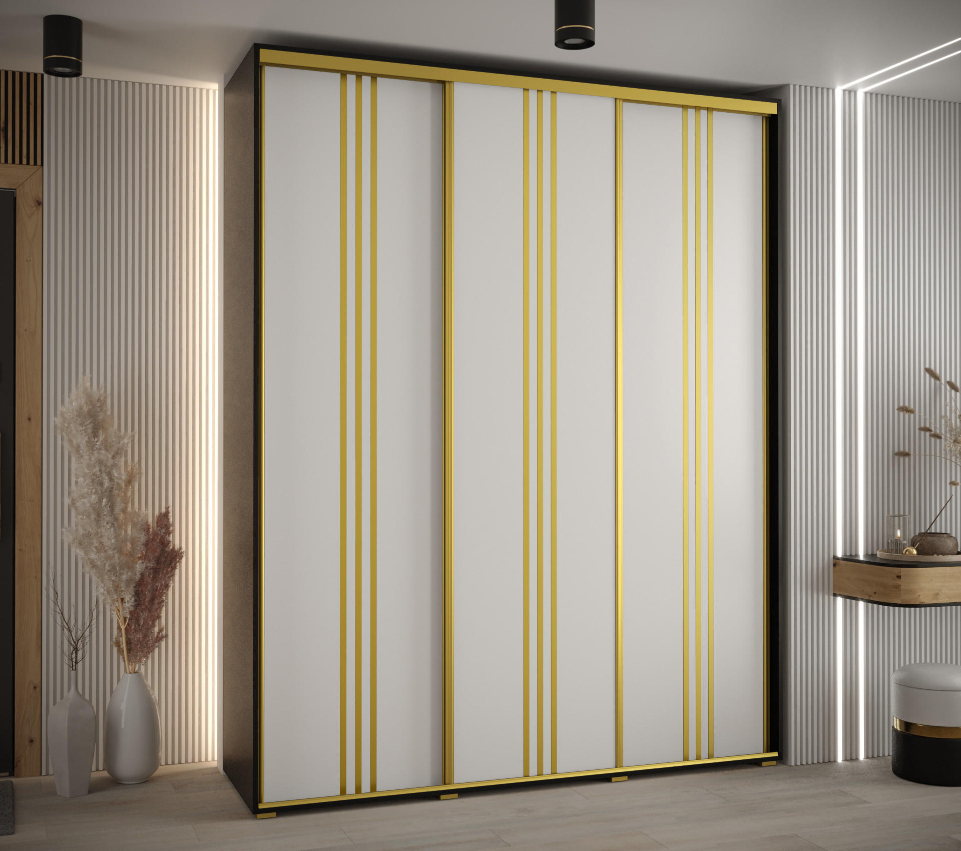 SCHWEBETÜRENSCHRANK 235,2/190/60 3-türig - Goldfarben/Schwarz, Holz/Metall (190/235/60cm) - Abiks Möbel