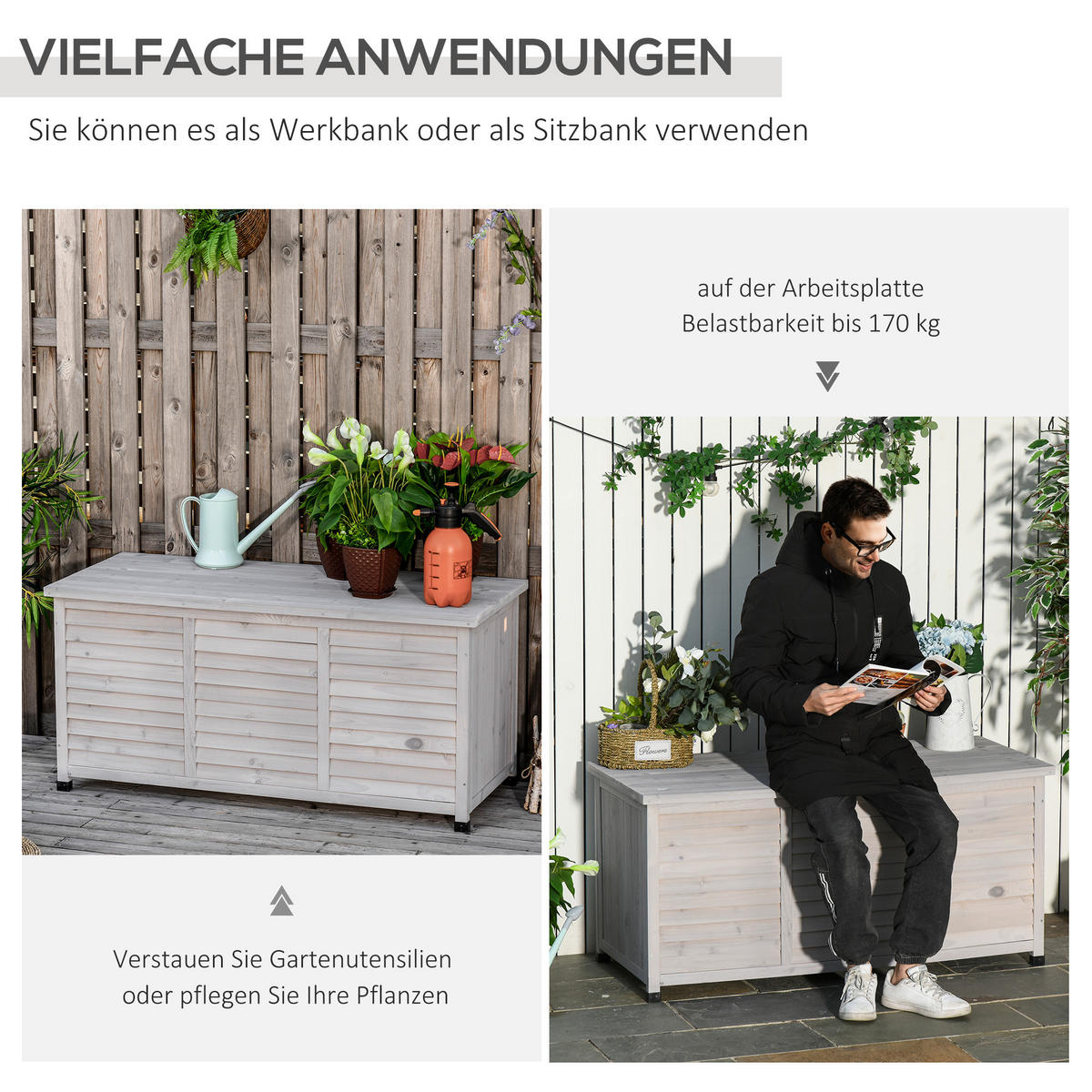 GARTENBOX Kissenbox Aufbewahrungsbox Gartentruhe, wetterbeständig, Massivholz, Grau - Hellgrau, Holz (56/60/127cm) - Outsunny