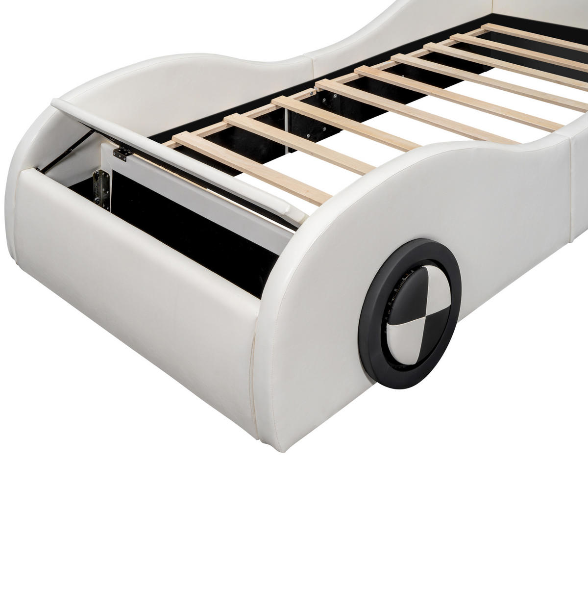 KINDER-POLSTERBETT aus PU und MDF 90x200 cm Weiß in Autoform mit Leuchträdern und Stauraum - Weiß, Kunststoff (90/200cm) - Modfu