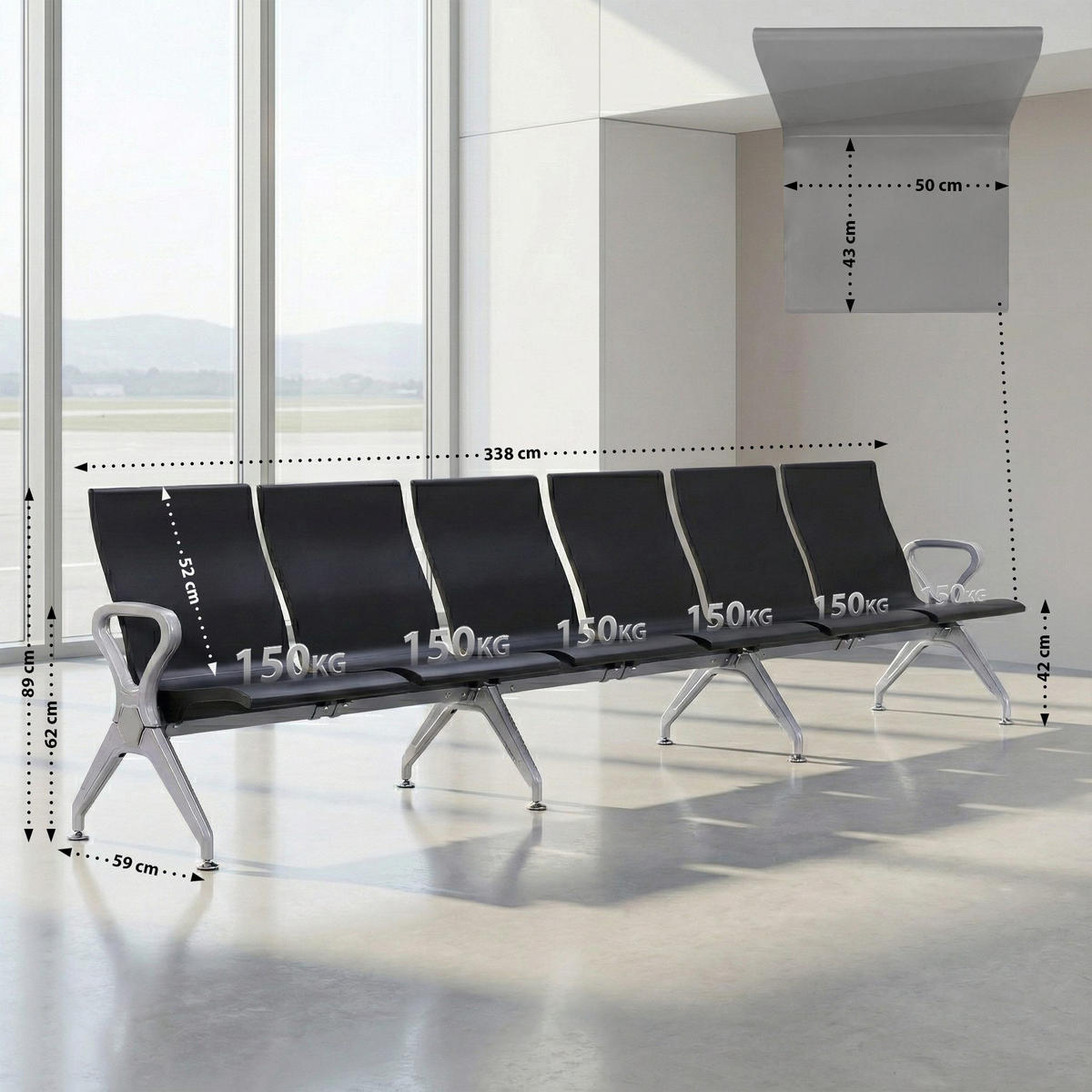WARTEBANK Erik 6-Sitzer 338x59x89cm Kunststoff Schwarz Sitzbank - Schwarz, Kunststoff (338/89/59cm) - DELUKE