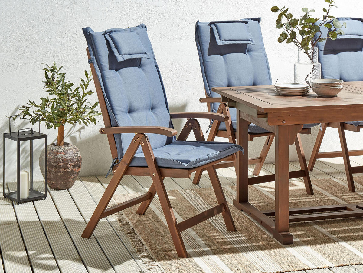 GARTENSTUHL 2er-Set Akazienholz dunkelbraun Auflagen blau Amantea - Blau/Dunkelbraun, Holz (54/105/69cm) - Beliani