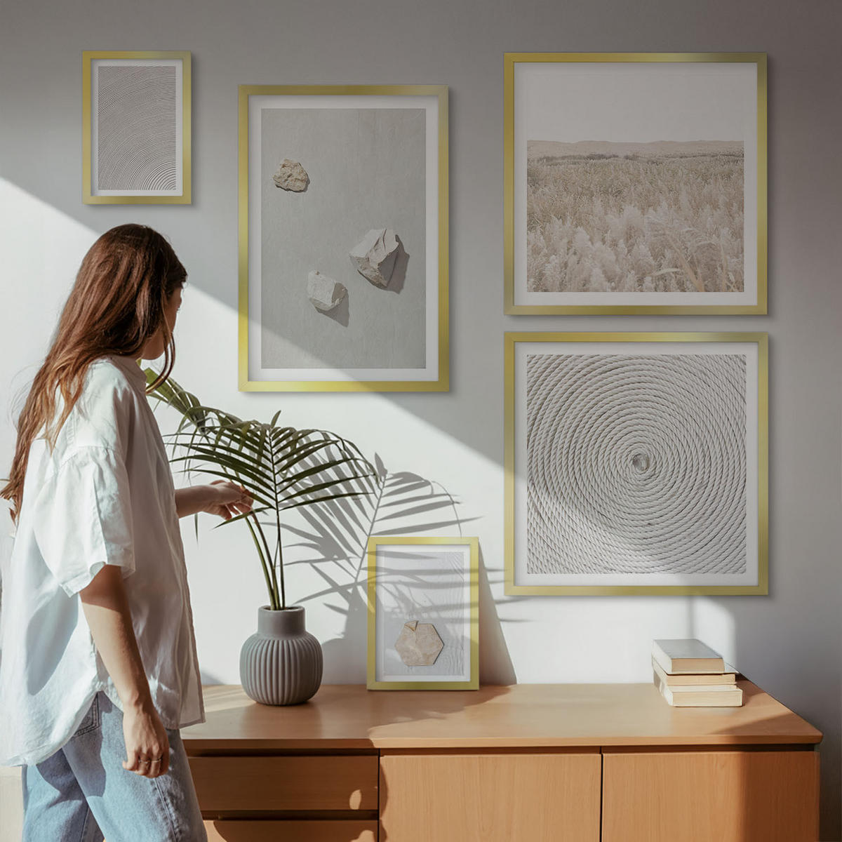 WANDBILDER 5er Set - 50x50 cm & 20x30 cm & 40x60 cm Goldrahmen - Leichte Boho-Sandtexturen - Goldfarben, Kunststoff (40/60cm) - ArtPrintCave