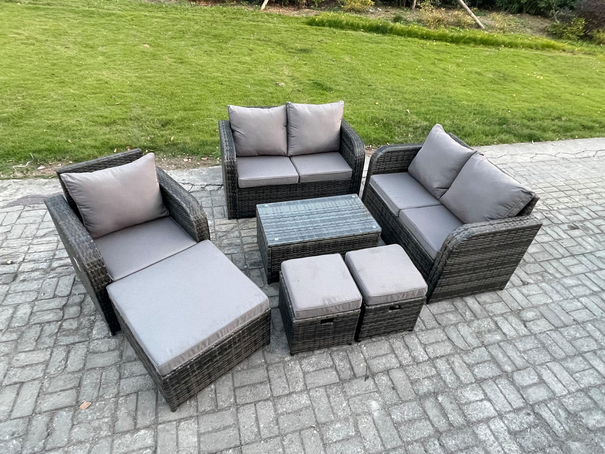 LOUNGESOFA-SET Polyrattan Dunkelgrau 8-Sitzer - Dunkelgrau, Metall - Fimous