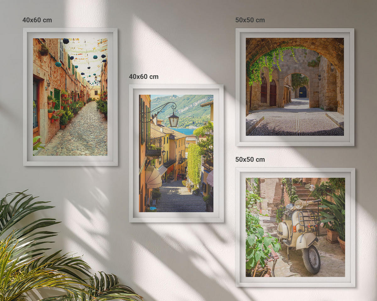 WANDBILDER 4er-Set - 50x50 cm & 40x60 cm Weißer Rahmen - Charmante Straßen und Pizza - Weiß, Kunststoff (50/50cm) - ArtPrintCave