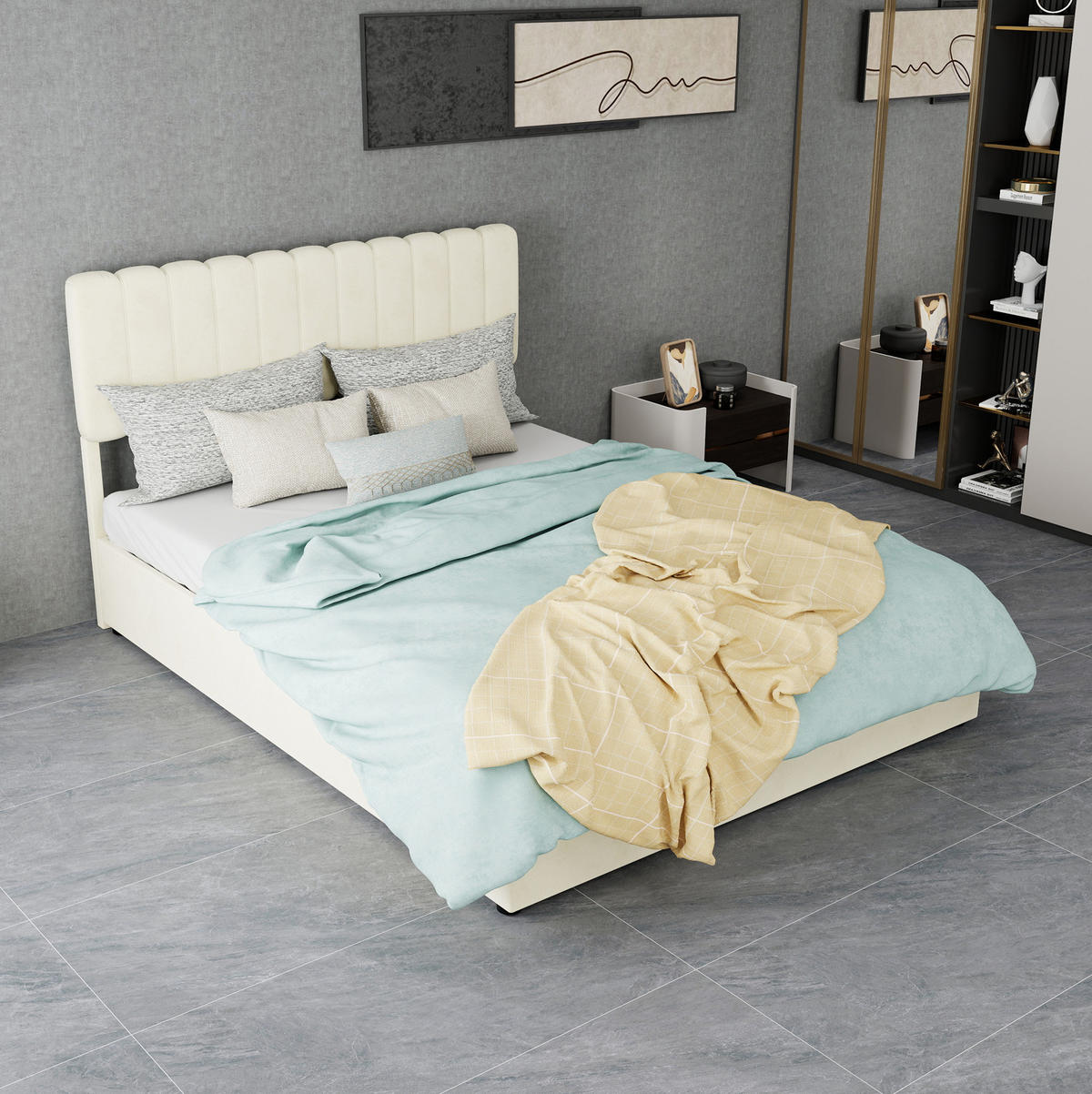 POLSTERBETT 140x200 cm in Beige mit hohem Kopfteil und Matratze - Beige, Textil (140/200cm) - IVMEU