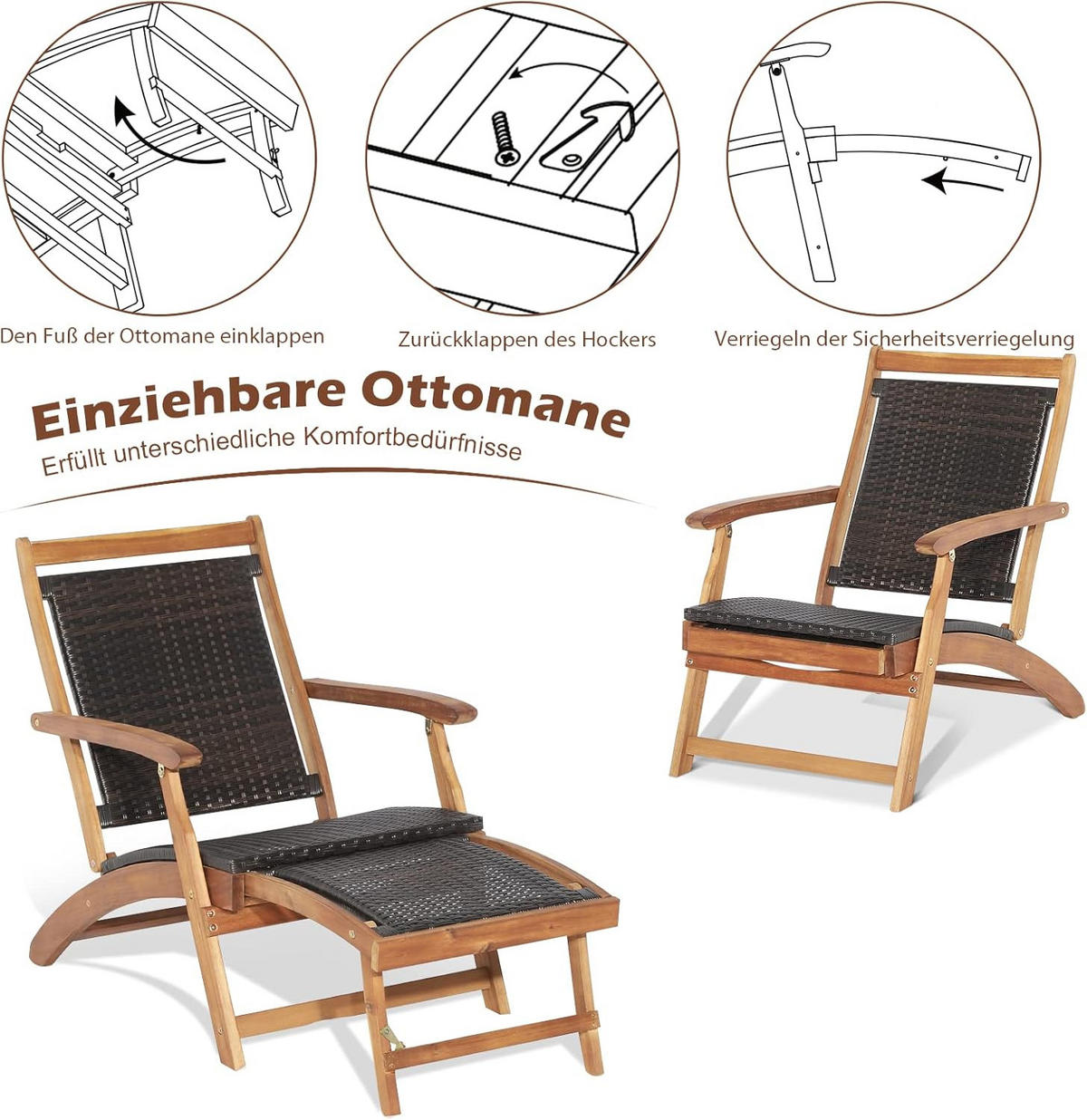 LEHÁTKO s opierkou na nohy + odkladací stolík, hnedé - hnedá, prírodné materiály (135/81/61cm) - COSTWAY