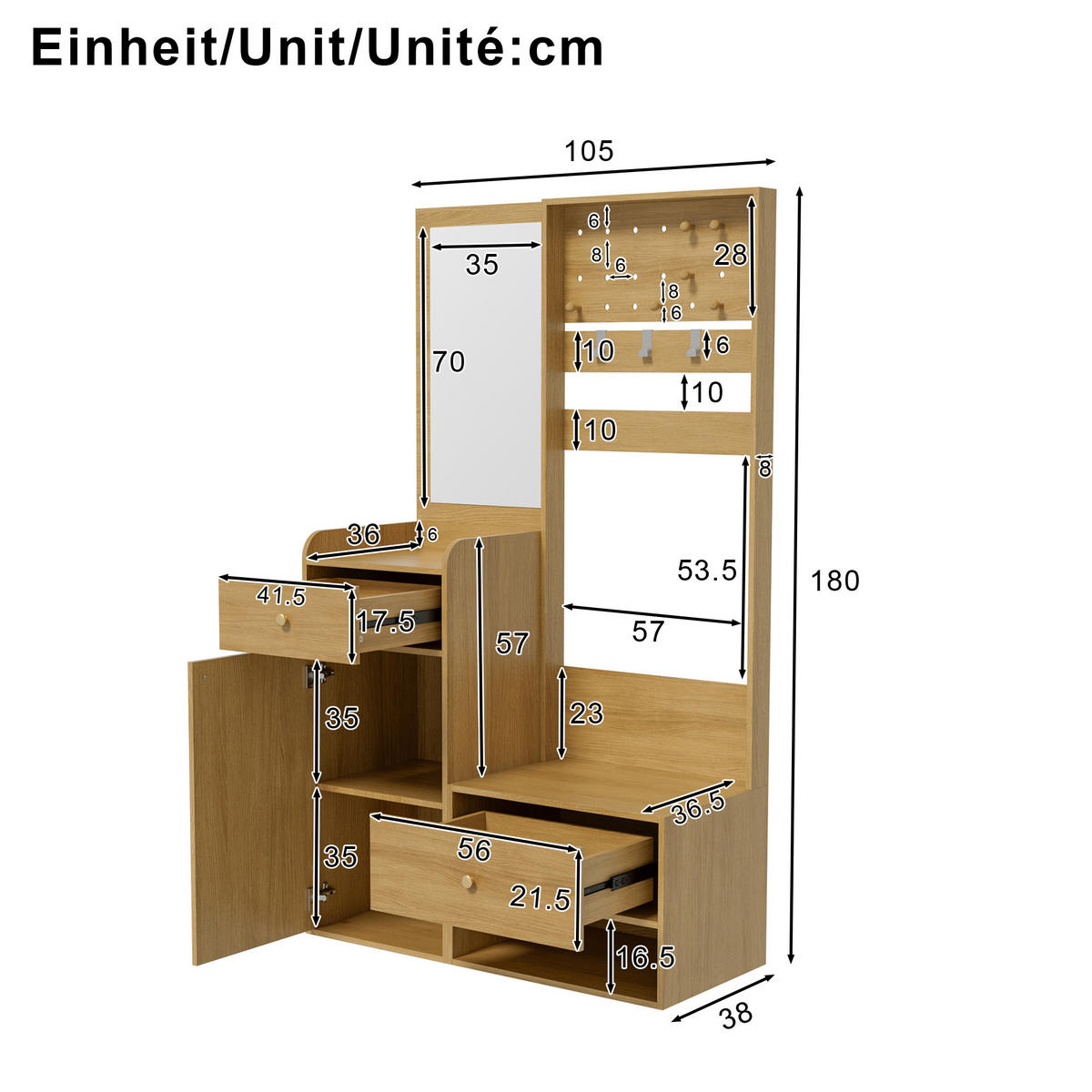 GARDEROBE 105 cm Spiegel Haken Stauraum - Naturfarben, Holzwerkstoff (105/180/38cm) - LEBENLANG