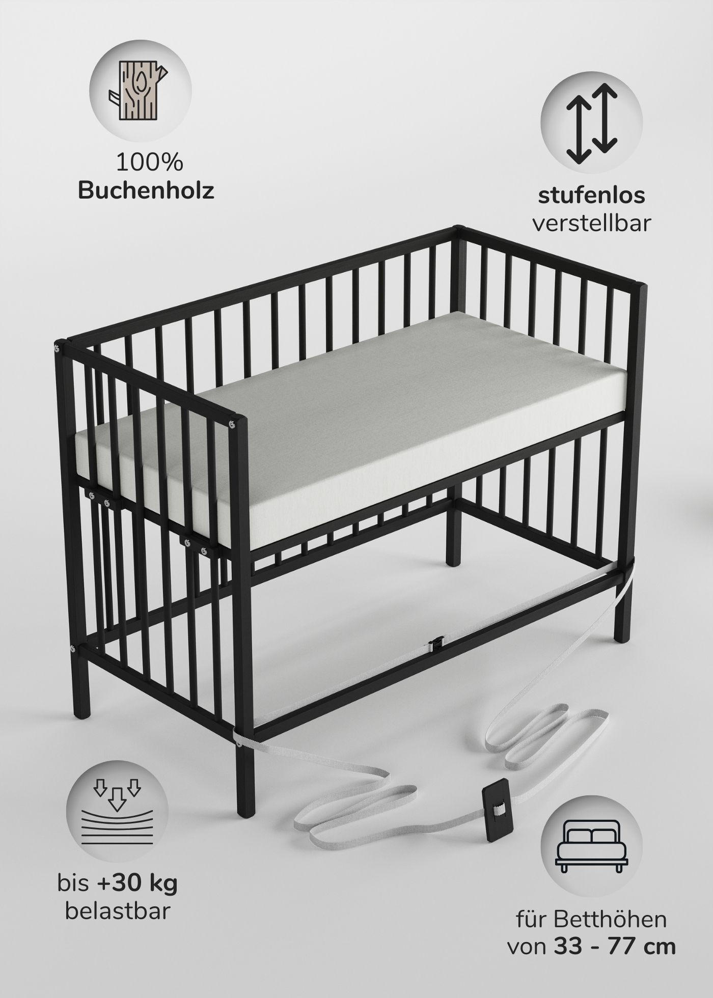 BEISTELLBETT Matratze SleepPlus Rollen & Umbauseite BLACK EDITION Dreamy 4in1 - Schwarz, Holz (120/90/60cm) - Sämann – make a difference.