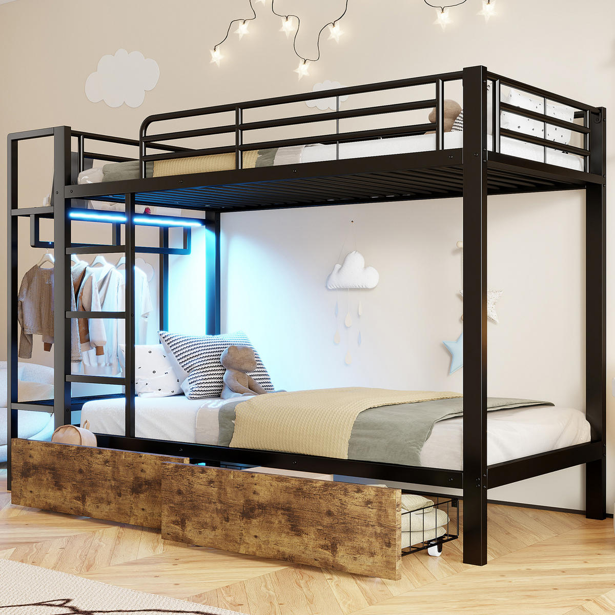 ETAGENBETT 90/200 cm aus Metall mit LED-Beleuchtung, Schubladen und Ablagen - Schwarz, Metall (90/200cm) - Flora Grace