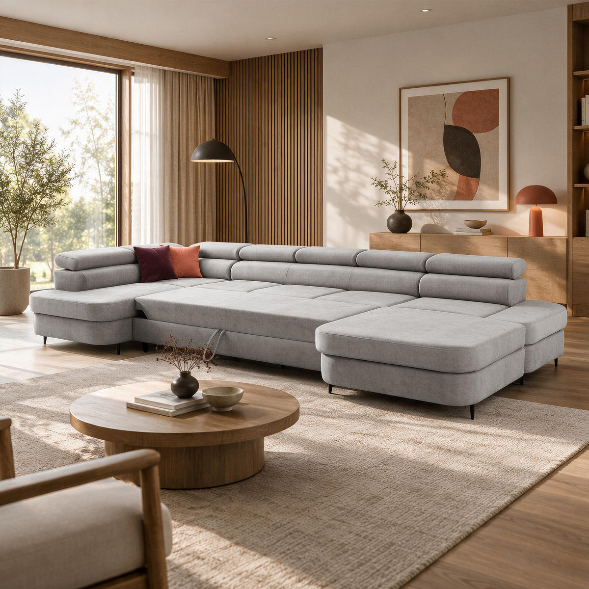ECKSOFA U-Form PRIAM MAXI U Links mit Schlaffunktion 125x317 Velours Hellgrau - Hellgrau/Schwarz, Holz/Textil (203/91/400cm) - Muffo