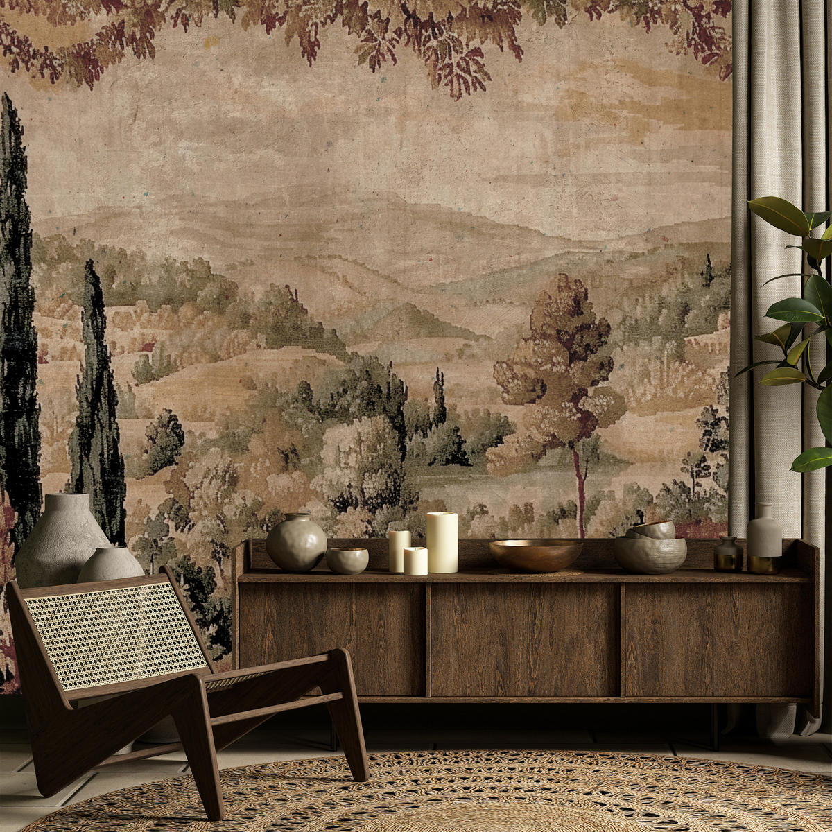 FOTOTAPETE für Wohnzimmer Landschaft Vintage Stil 300x210 - Beige/Orange, Papier (300/210cm) - Muralo