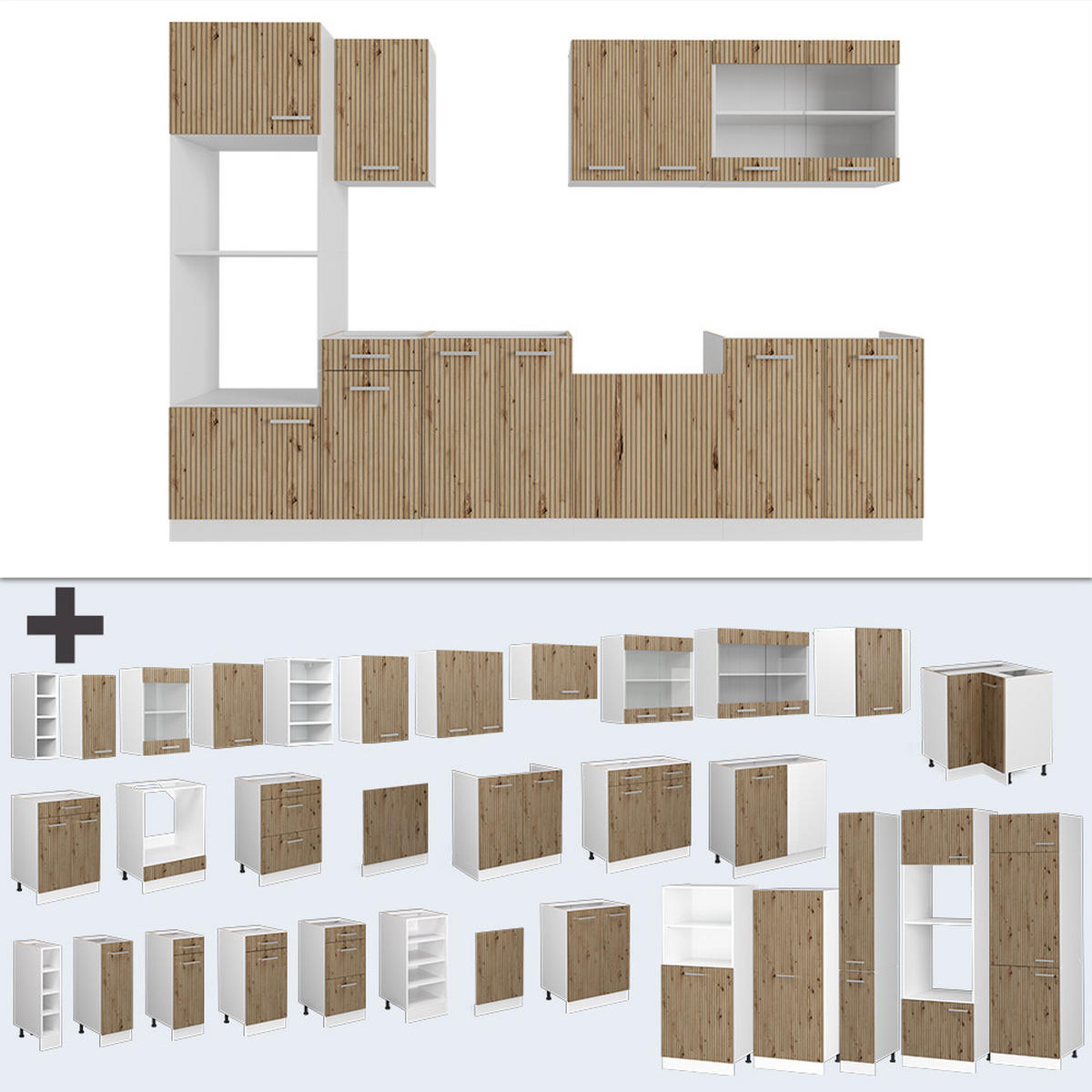 KÜCHENZEILE R-Line Artisan Eiche/Weiß 300 cm mit Hochschrank, ohne AP - Eiche Artisan/Weiß, Holzwerkstoff (300/81.6/46cm) - Vicco