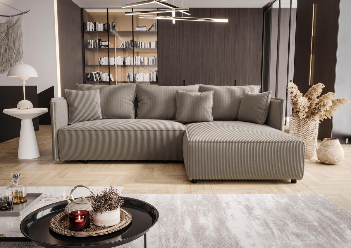 ECKSOFA MILANO rechts hellbraun Cord Poso 3 - Schlaffunktion, Bettkasten - Eichefarben, Textil (245/184cm) - Cornero