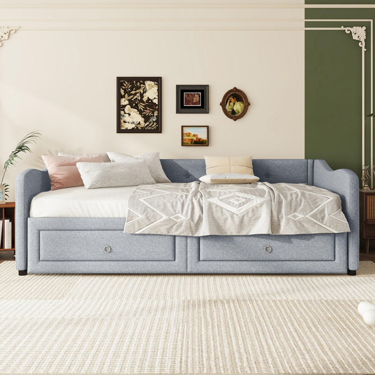 TAGESBETT 90/200 cm Grau aus Leinen mit ausziehbarem Bett und Schubladen - Grau, Textil (90/200cm) - OKWISH