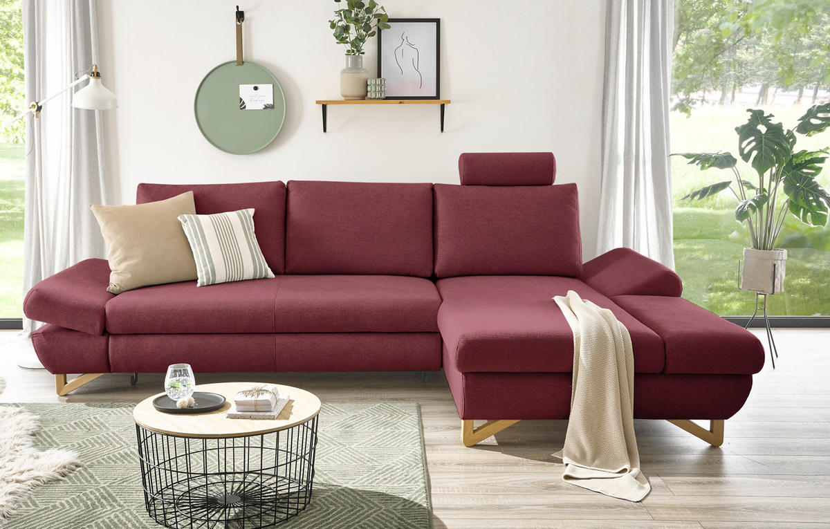 ECKSOFA bordeaux Velours, Sofa mit Bettfunktion und Stauraum 284 cm - Bordeaux, Holz/Textil (284/166cm) - Furn.Design