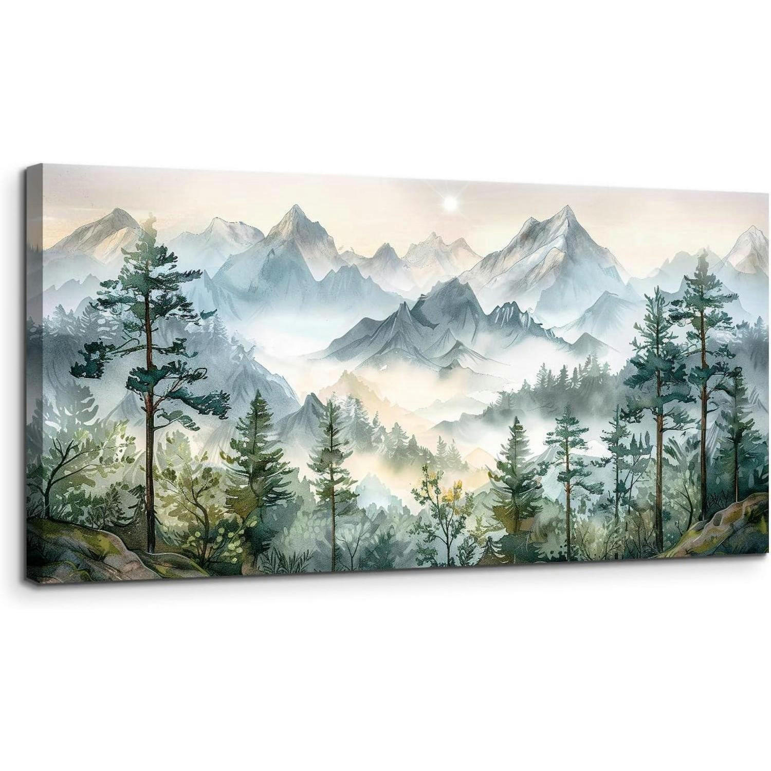 LEINWANDBILD Grüne Berglandschaft Aquarell 50 x 100 cm - Grün, Textil (50/0.5cm)