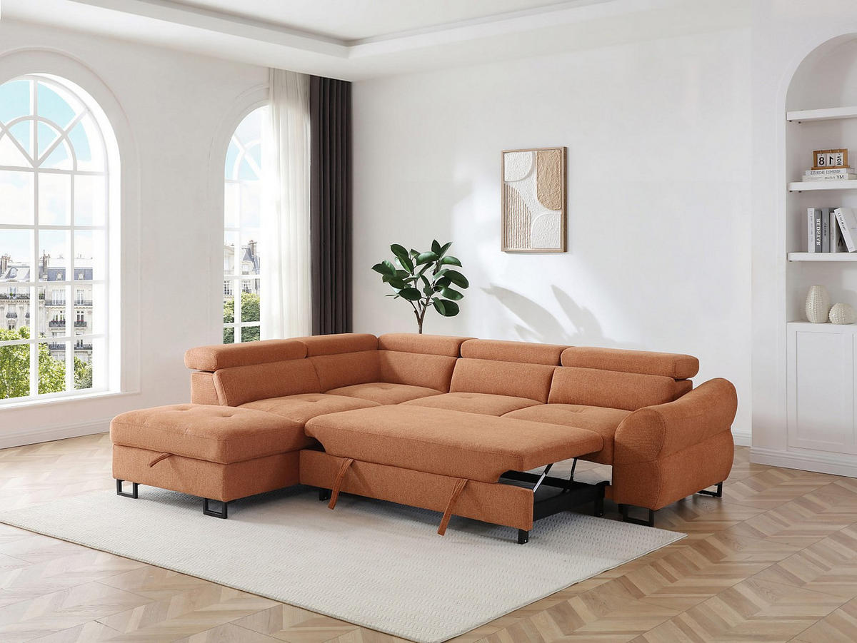 ECKSOFA mit Schlaffunktion – Ecke links – Strukturstoff Terracotta – VAVERDO - Braun, Textil (272/230cm) - Vente-Unique