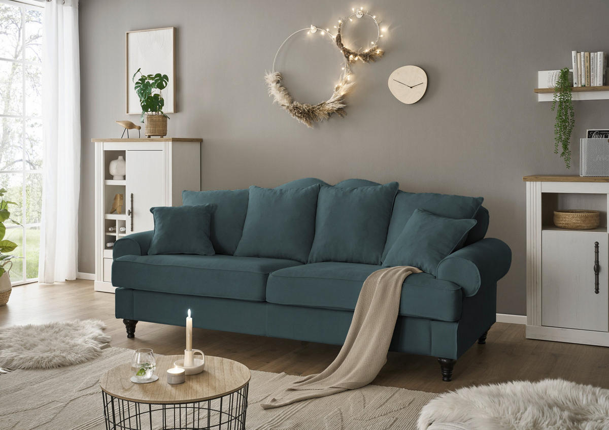 SOFA blaugrün Landhaus, Couch 3,5-Sitzer 230 cm - Dunkelgrün, Holz/Textil (230/95/100cm) - Furn.Design