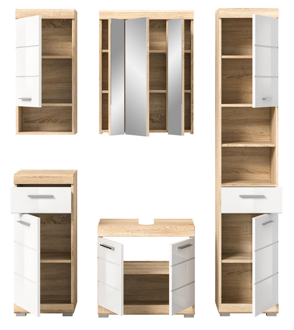 BADMÖBEL-SET 5-teilig weiß Hochglanz, Eiche 164 cm, viel Stauraum - Weiß Hochglanz/Eichefarben, Holzwerkstoff (164/191/34cm) - Inn.Furn