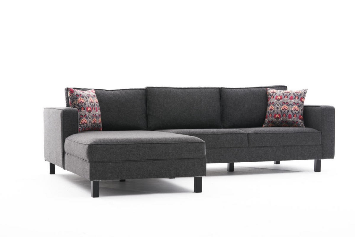 ECKSOFA mit elegantem Leinen-Bezug - Anthrazit/Schwarz, Buchenholz/Textil (258/187cm) - myHomelando
