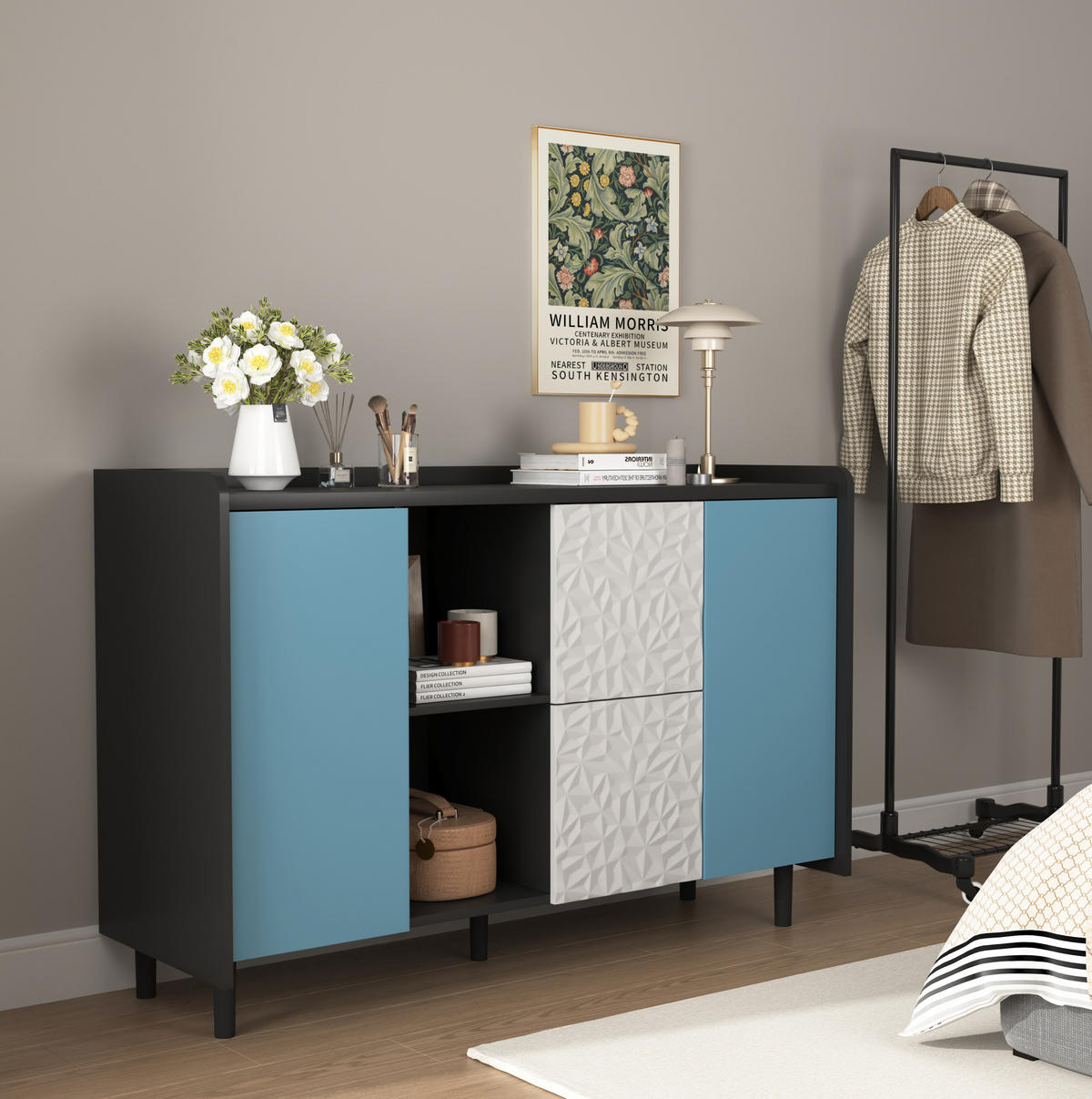 SIDEBOARD 120/40/80 cm, Schwarz/Blau, mit 2 Schubladen, offenem Fach und Schrank, Schwarz/Blau - Blau, Holzwerkstoff (120/80/40cm) - Redom