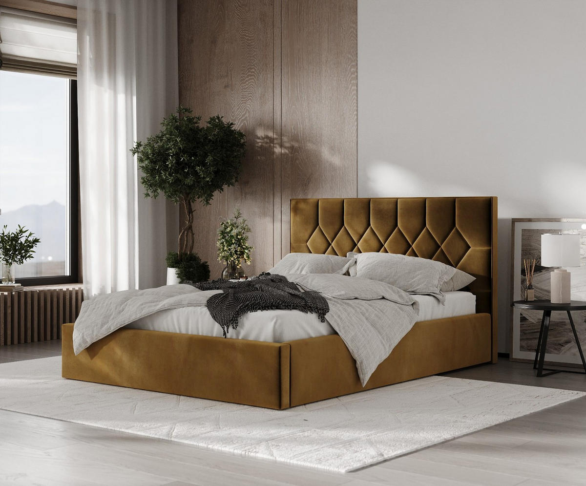 POLSTERBETT Brisa 140/200 cm Honiggelb im Kronos Stoff - Schwarz/Naturfarben, Holz/Holzwerkstoff (140/200cm) - AltaBeds