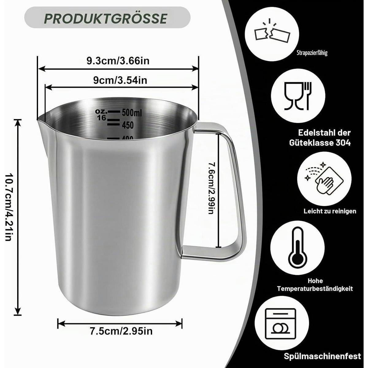 MESSBECHER 500 ml Edelstahl mit Griff - Silberfarben, Metall (0.5L)