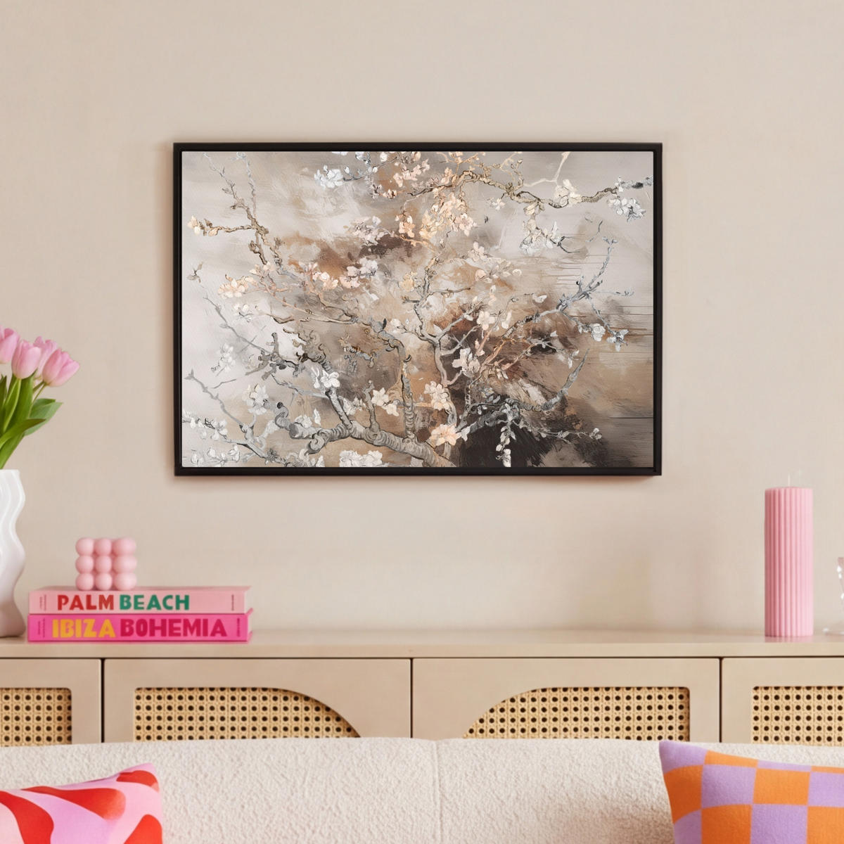 LEINWAND Bilder mit Rahmen - Mandelblüte - Kunst - Van Gogh - Beige - Abstrakt - 60x40 - Braun, Textil (60/40cm) - MuchoWow