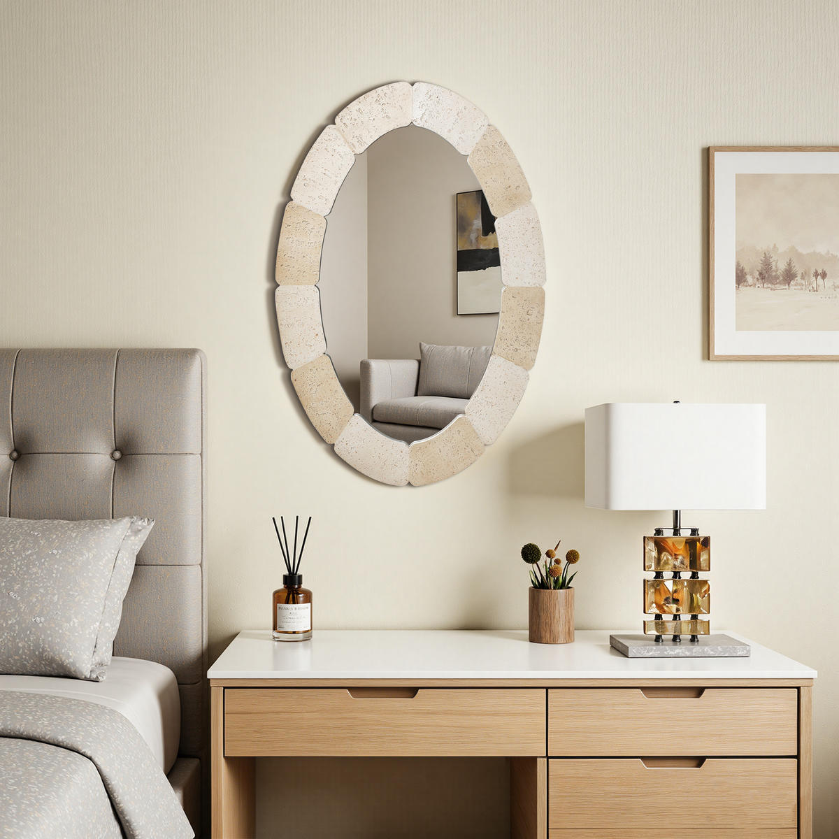 78CM H Ovaler Wandspiegel mit Polyharzrahmen Geeignet für Badezimmer, Wohnzimmer, Schlafzimmer usw. Moderner Boho-Stil - Beige/Akaziefarben, Glas/Kunststoff (78/3.5/52cm) - Hometopia